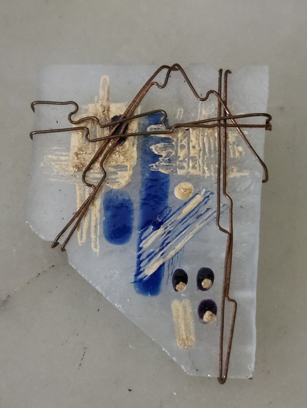 Handmade Abstract Design Blue and Gold Glass Brooch